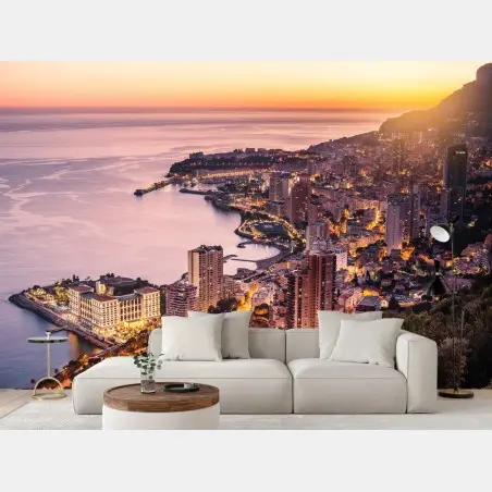 Wall mural sunset cityscape over coastal skyline • Wallissimo®