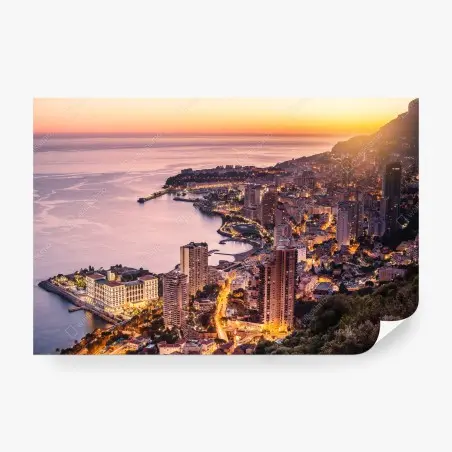 Wall mural sunset cityscape over coastal skyline • Wallissimo®