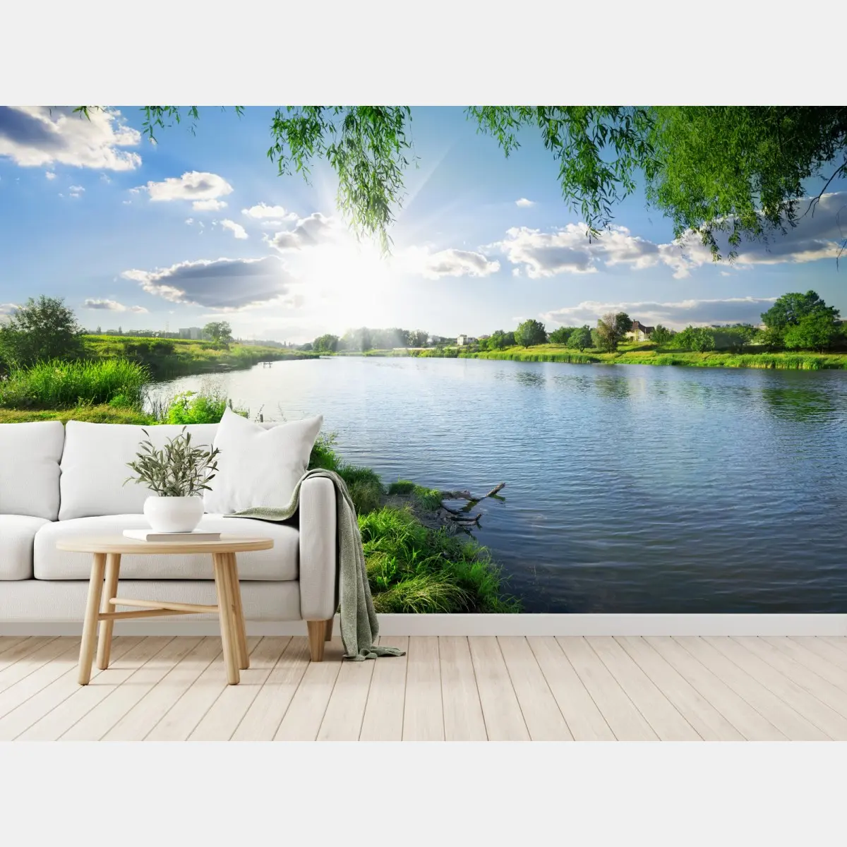 Wall mural sunlit riverside landscape with lush greenery • Wallissimo®