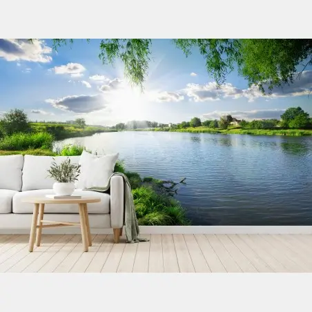 Wall mural sunlit riverside landscape with lush greenery • Wallissimo®
