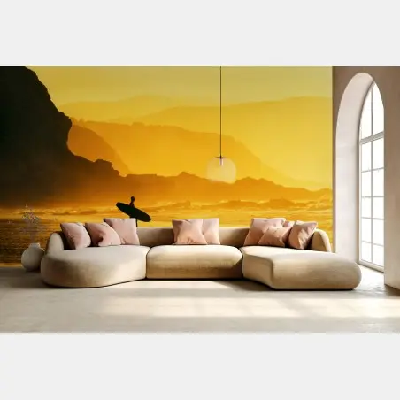 Wall mural surfer at golden sunset • Wallissimo®