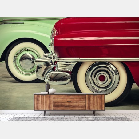 Wall mural classic red and mint car close-up • Wallissimo®