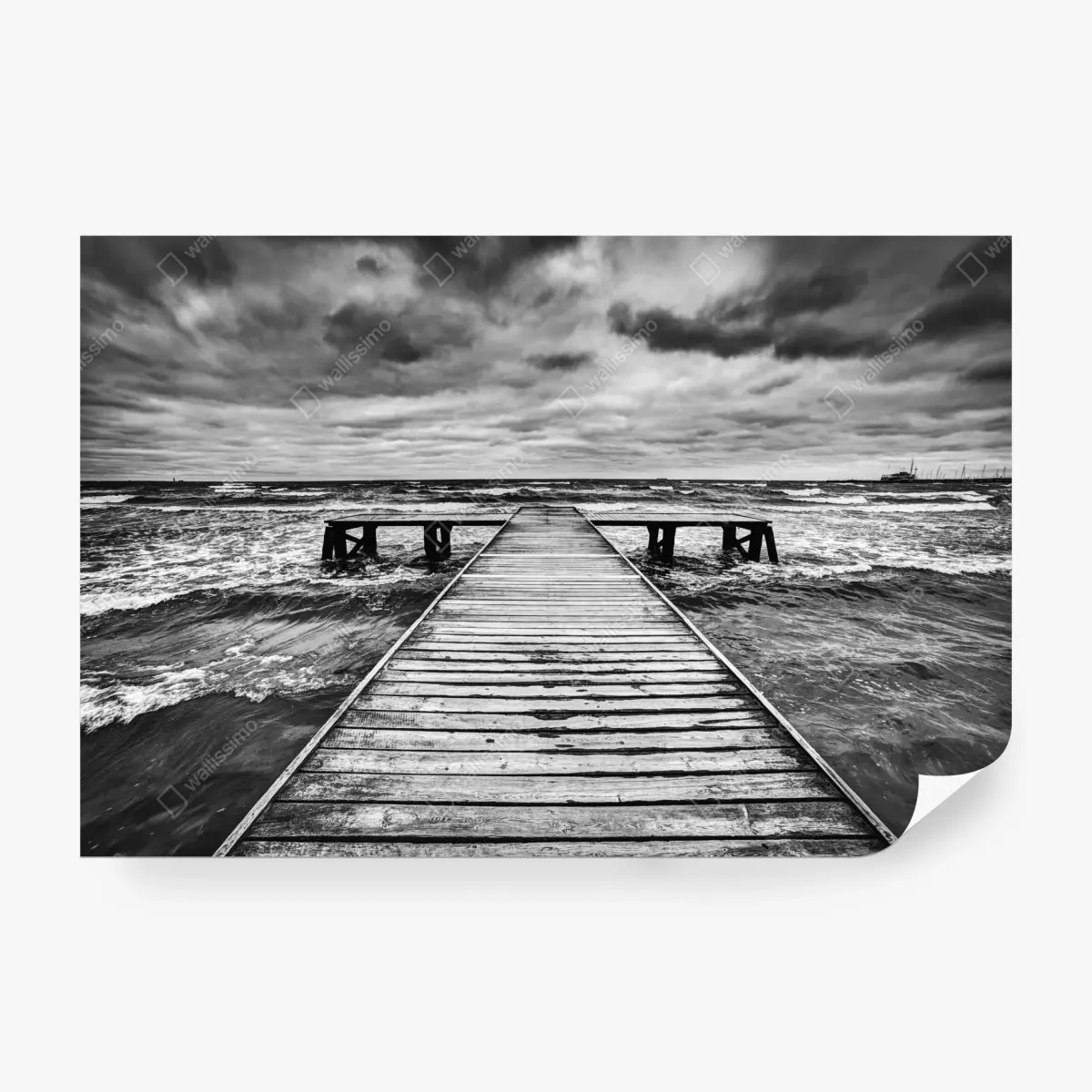 Wall mural dramatic monochrome pier leading to stormy sea ⁕ Wallissimo®