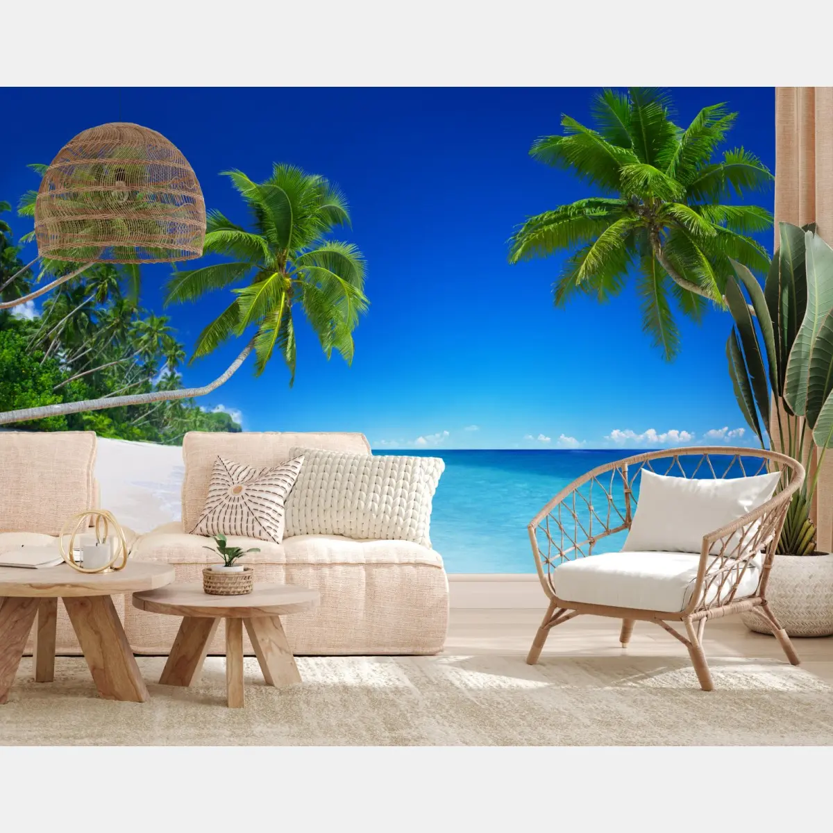 Wall mural tropical beach paradise with palm trees • Wallissimo®