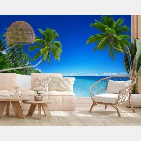Wall mural tropical beach paradise with palm trees • Wallissimo®