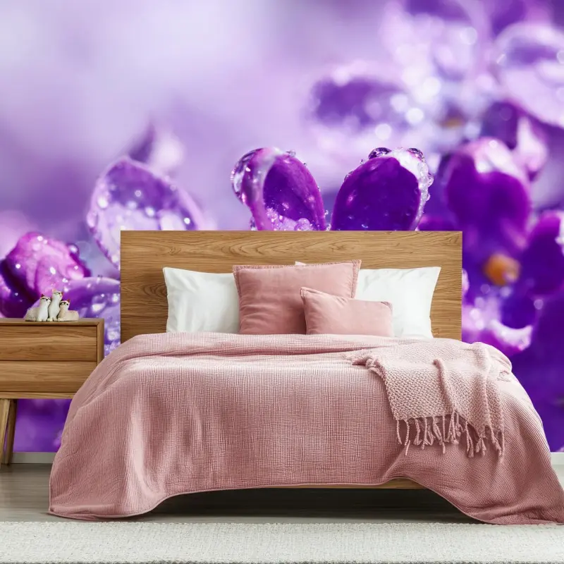 Wall mural purple lilac blossom with dewdrops
