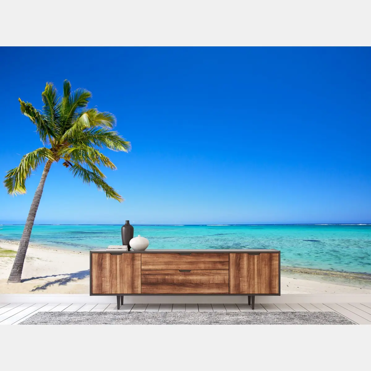 Wall mural tropical paradise beach with palm tree • Wallissimo®
