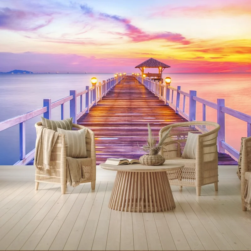 Wall mural sunset pier leading to tranquil horizon