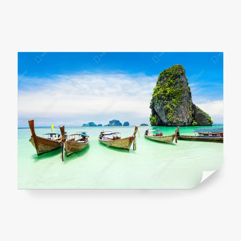 Wall mural tropical longtail boats on turquoise beach