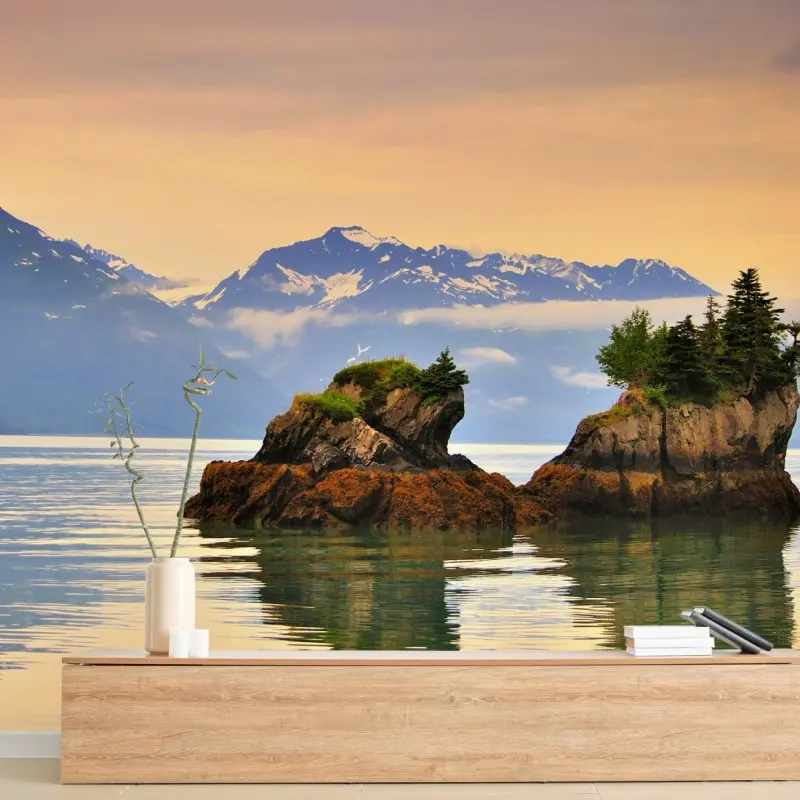 Wall mural serene island reflections at sunset