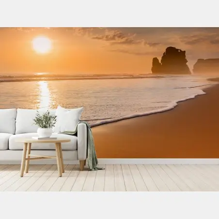 Wall mural golden beach sunset at the shore • Wallissimo®