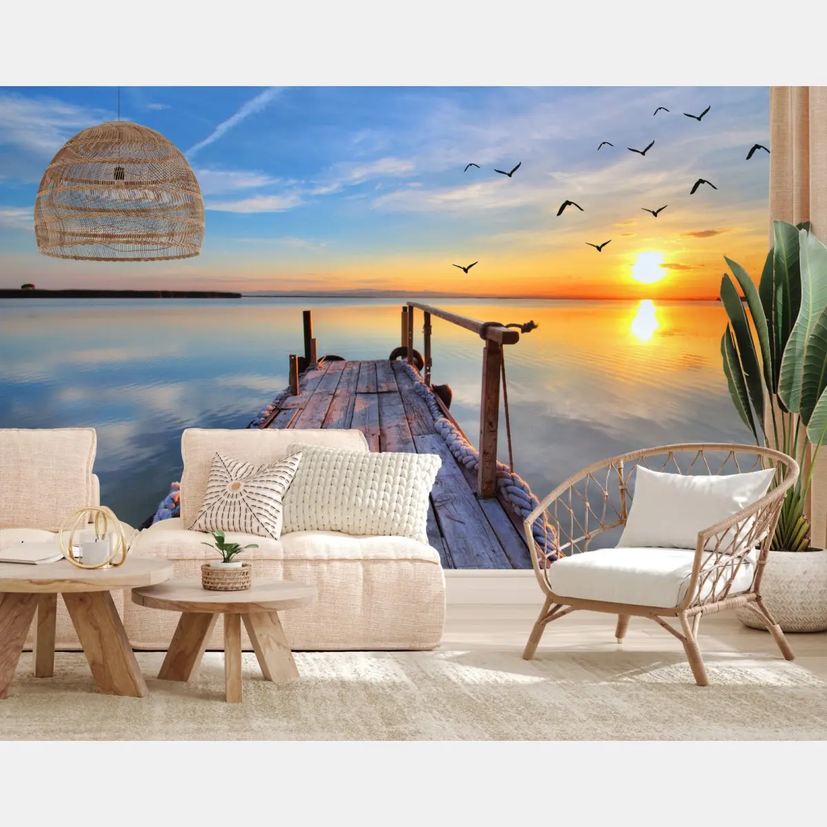 Wall mural sunset at the wooden pier • Wallissimo®
