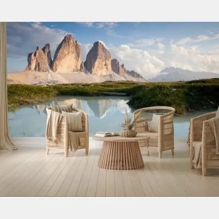 Wall mural sunlit alpine peaks reflected in a tranquil lake • Wallissimo®