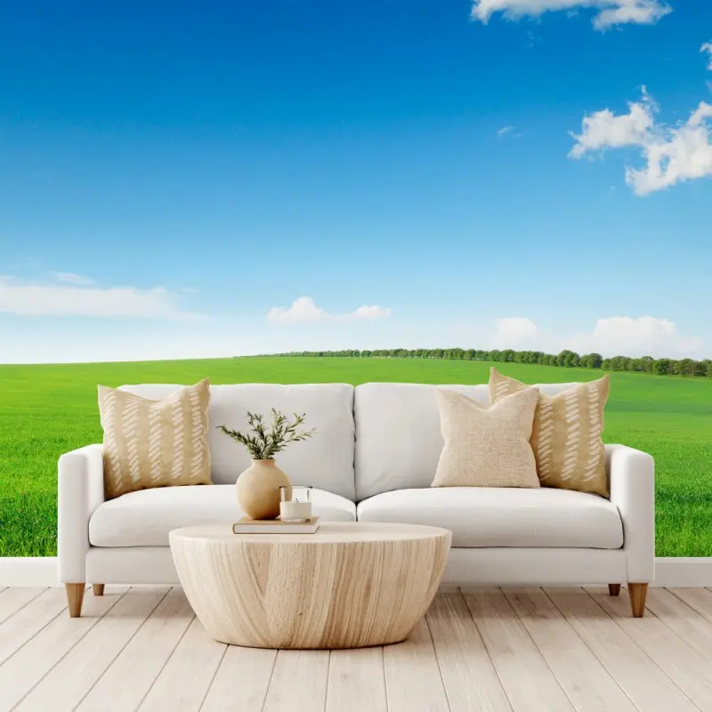 Wall mural serene green meadow under blue sky