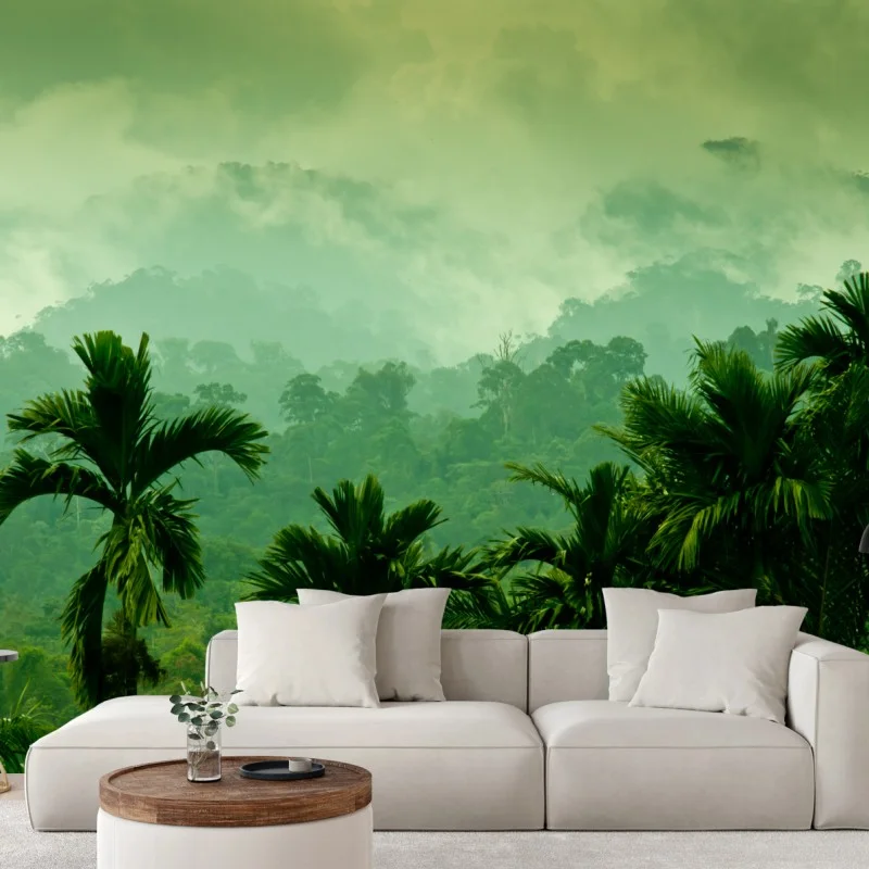 Wall mural misty tropical jungle landscape