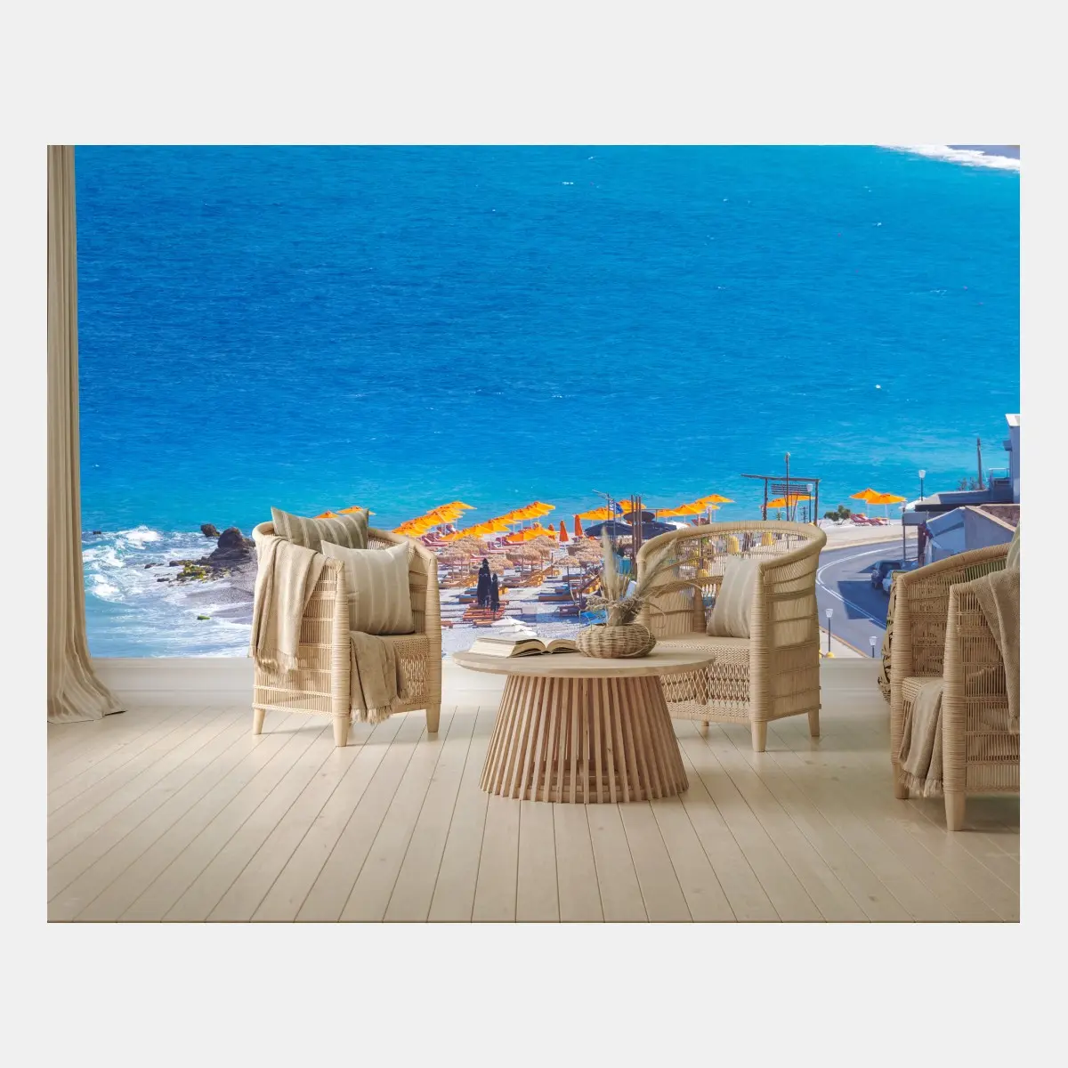 Wall mural Rhodes beach with colorful umbrellas • Wallissimo®