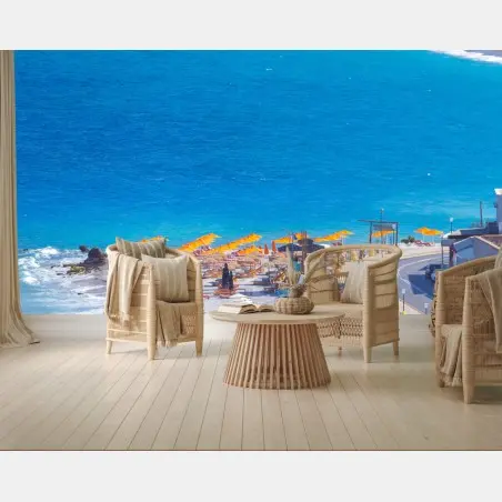 Wall mural Rhodes beach with colorful umbrellas • Wallissimo®