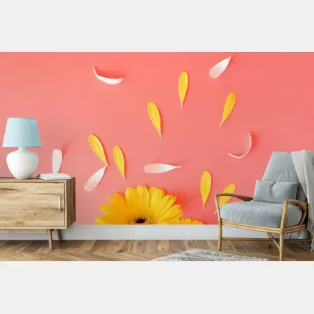 Wall mural sunny yellow gerbera on coral background • Wallissimo®