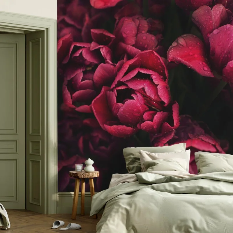Wall mural deep crimson blooms with raindrops