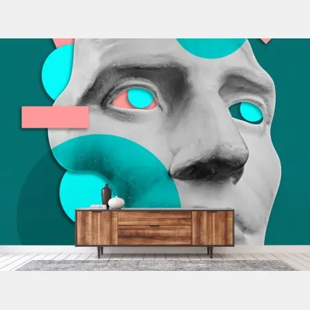 Wall mural abstract classical mask in teal and pink • Wallissimo®