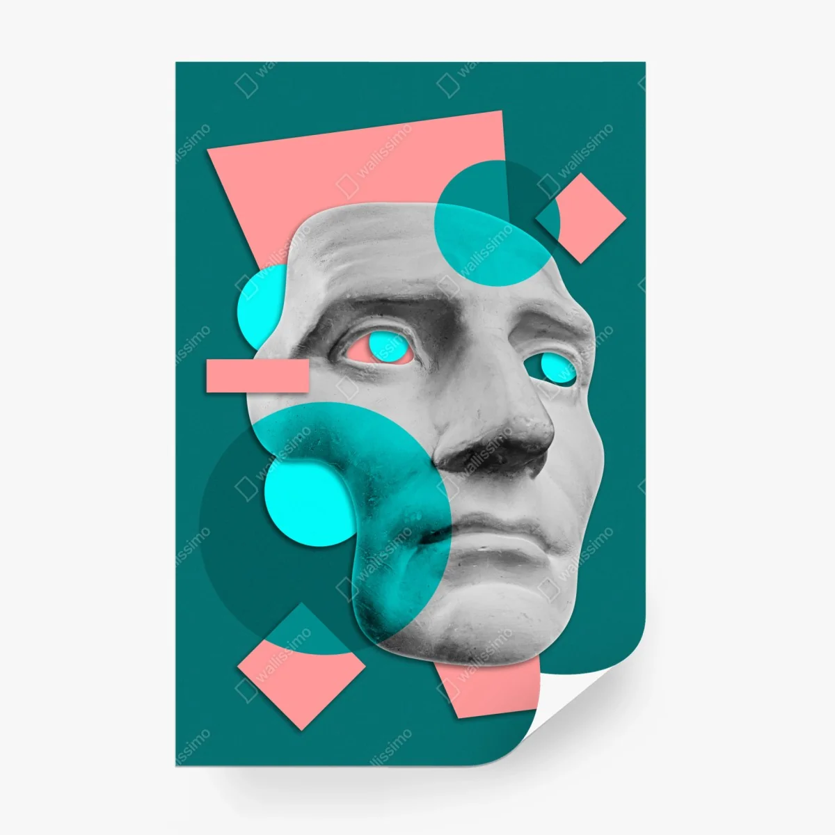 Wall mural abstract classical mask in teal and pink • Wallissimo® Wall mural abstract classical mask in teal and pink • Wallissimo®