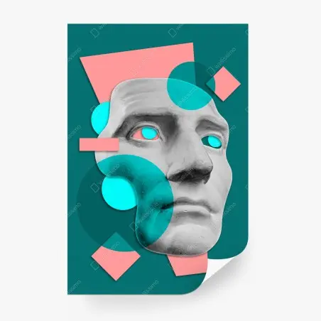 Wall mural abstract classical mask in teal and pink • Wallissimo®