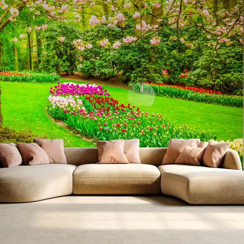 Wall mural spring garden bloom: tulips and cherry blossoms