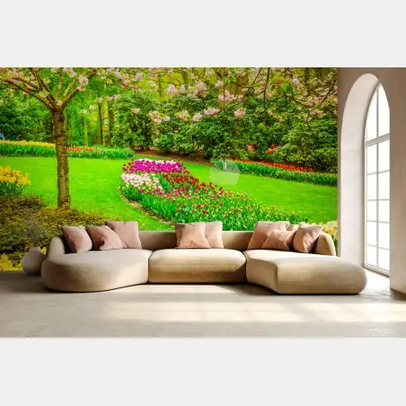 Wall mural spring garden bloom: tulips and cherry blossoms • Wallissimo®