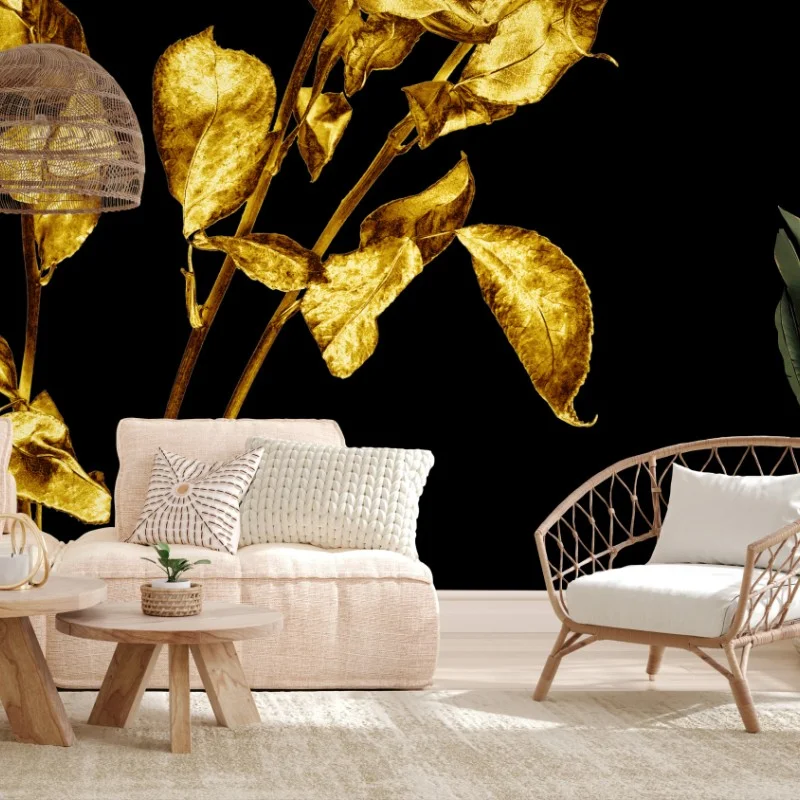 Wall mural golden roses on black