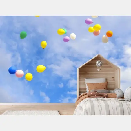 Wall mural colorful balloons drifting into the sky • Wallissimo®