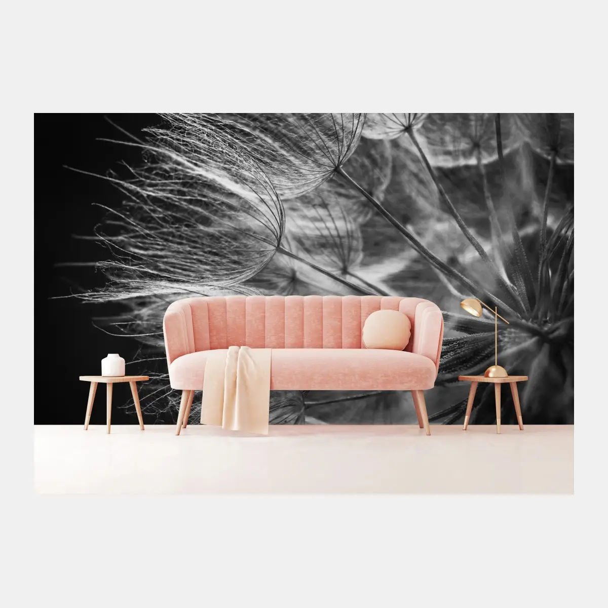 Wall mural delicate dandelion seed head in monochrome • Wallissimo®