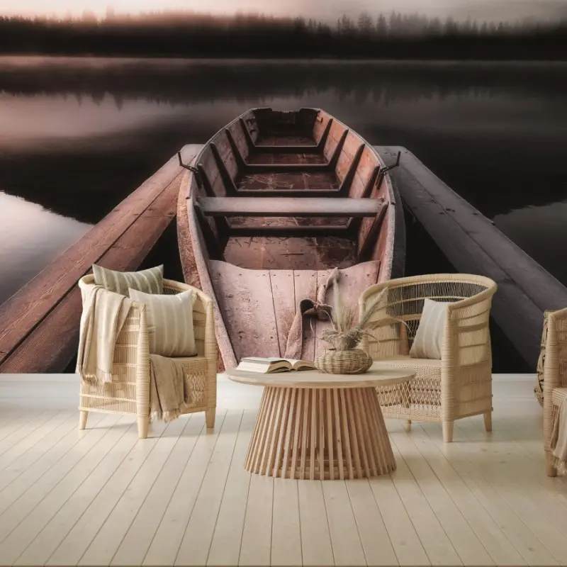 Wall mural misty mountain boat at dawn