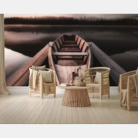 Wall mural misty mountain boat at dawn • Wallissimo®