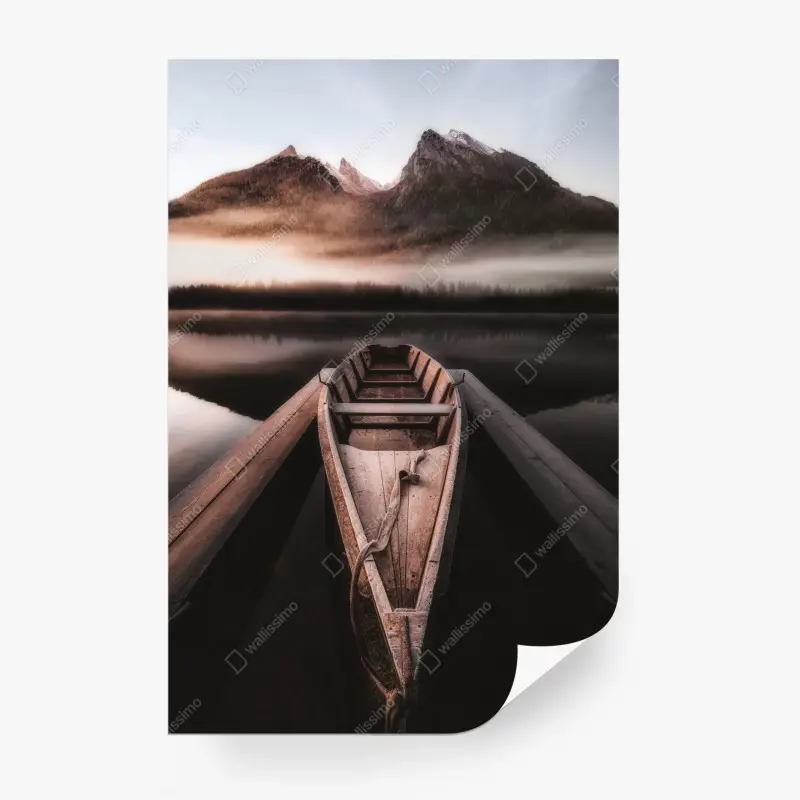 Wall mural misty mountain boat at dawn