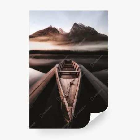 Wall mural misty mountain boat at dawn • Wallissimo®