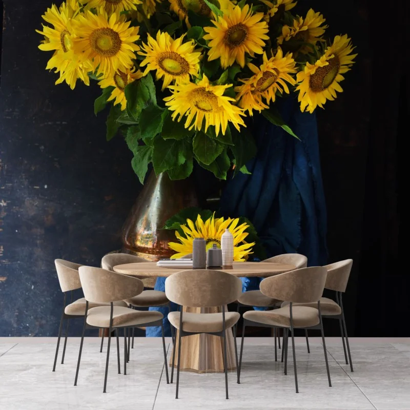 Wall mural vibrant sunflower bouquet on vintage stool