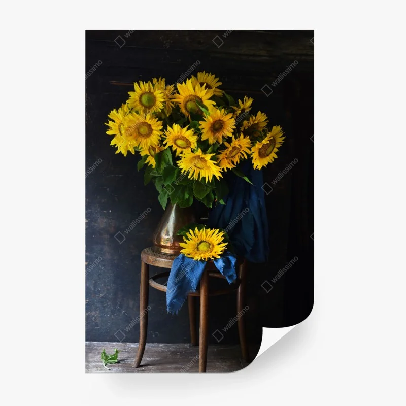 Wall mural vibrant sunflower bouquet on vintage stool