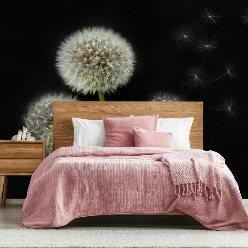 Wall mural delicate dandelion seed heads on black background