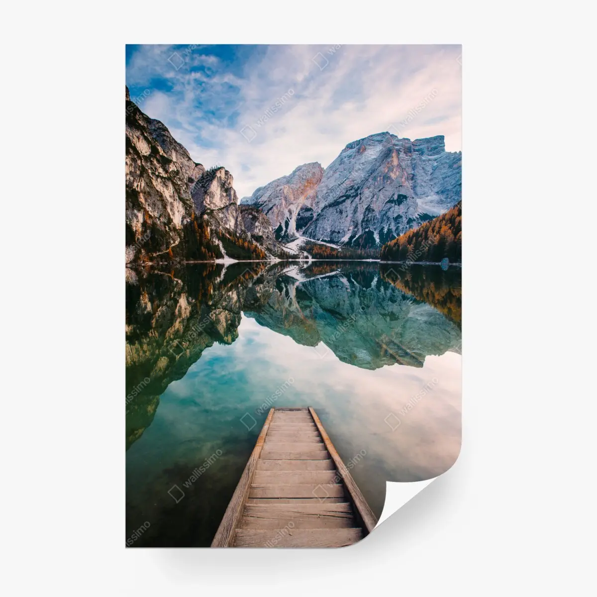 Wall mural serene alpine lake with wooden pier • Wallissimo® Wall mural serene alpine lake with wooden pier • Wallissimo®