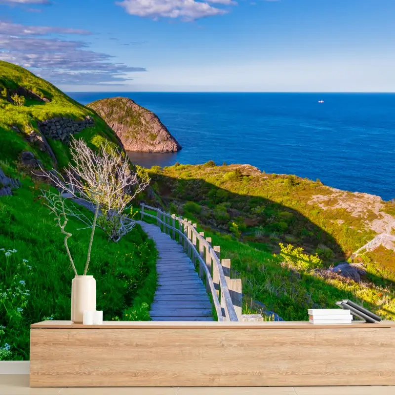 Wall mural coastal boardwalk overlooking blue ocean
