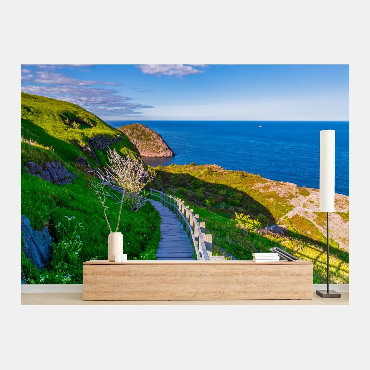 Wall mural coastal boardwalk overlooking blue ocean • Wallissimo®