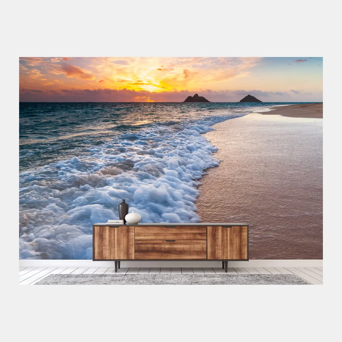 Wall mural serene sunrise over ocean shore • Wallissimo®