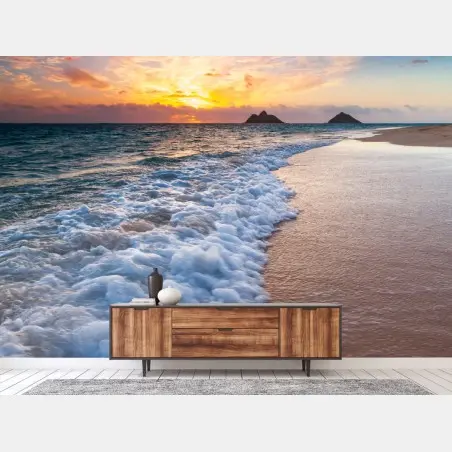 Wall mural serene sunrise over ocean shore • Wallissimo®