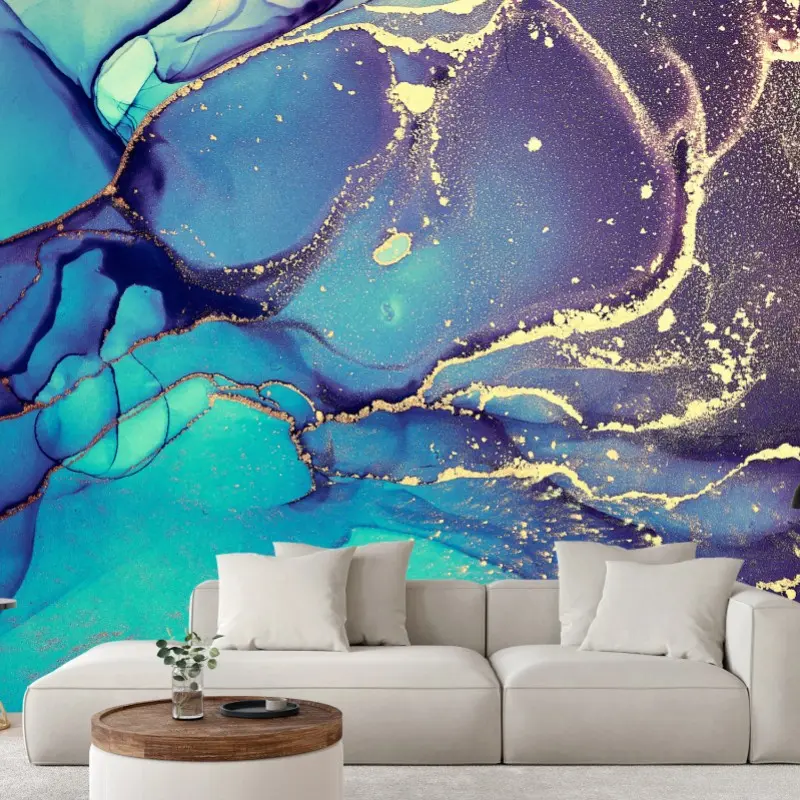 Wall mural turquoise and gold fluid marble