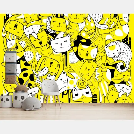 Wall mural playful yellow cat collage • Wallissimo®