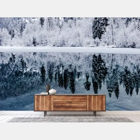 Wall mural winter lake reflection in snowy forest • Wallissimo®