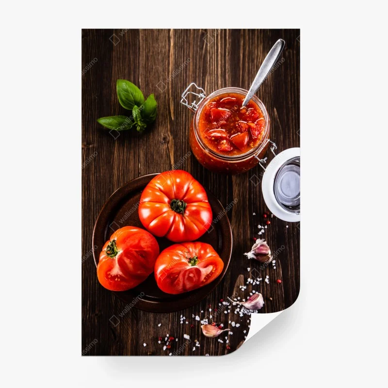 Wall mural fresh tomatoes and homemade sauce still life