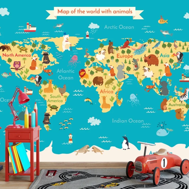 Wall mural playful world map with animals