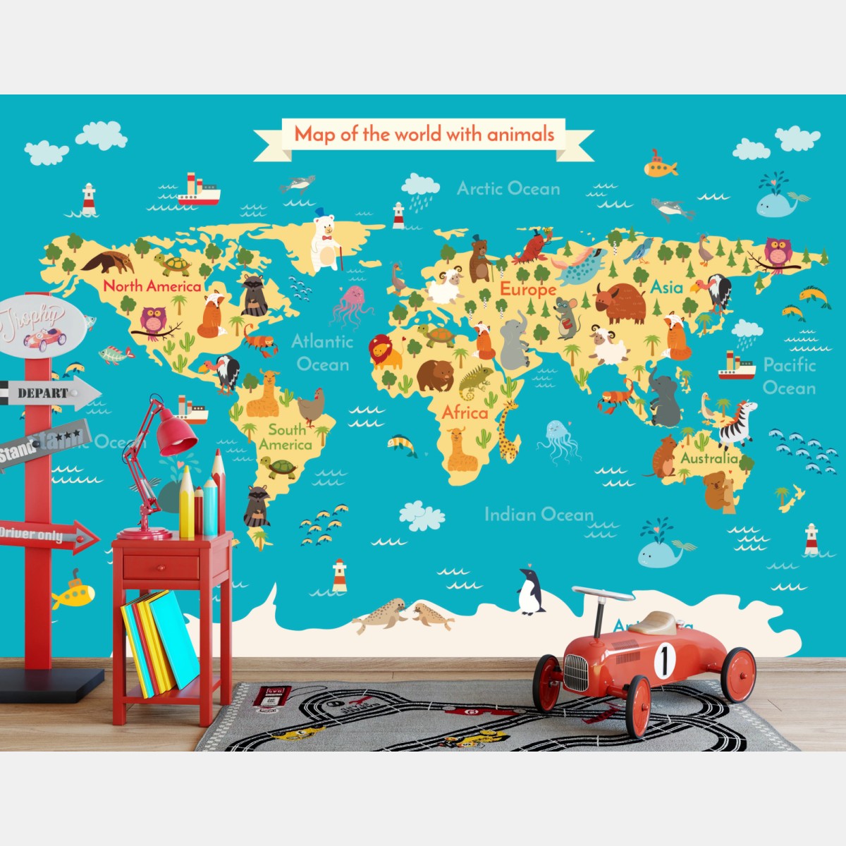 Wall mural playful world map with animals • Wallissimo®
