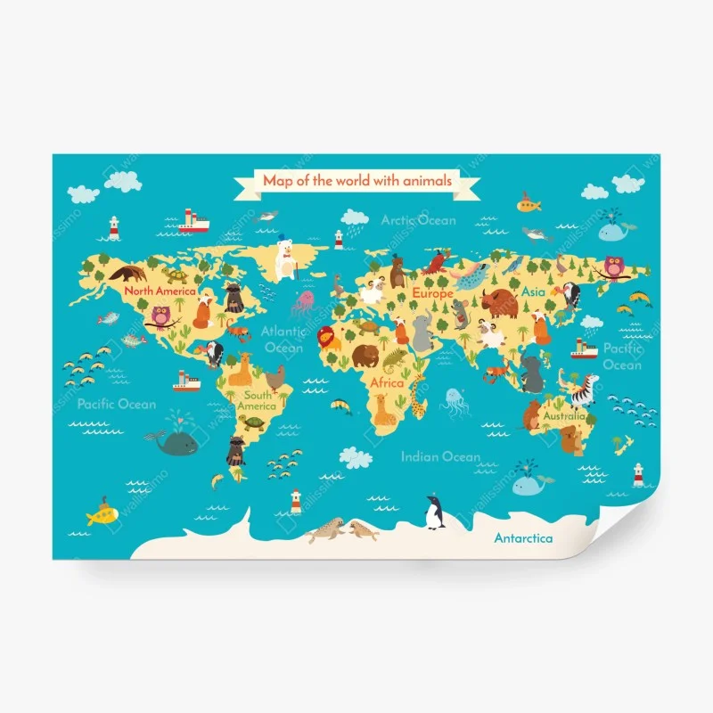 Wall mural playful world map with animals